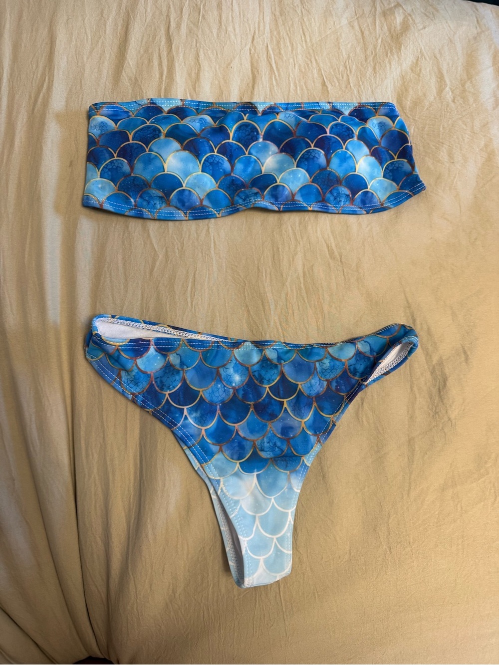 Blue Mermaid Scale Bikini Set - Strapless Top & Brazilian Bottom